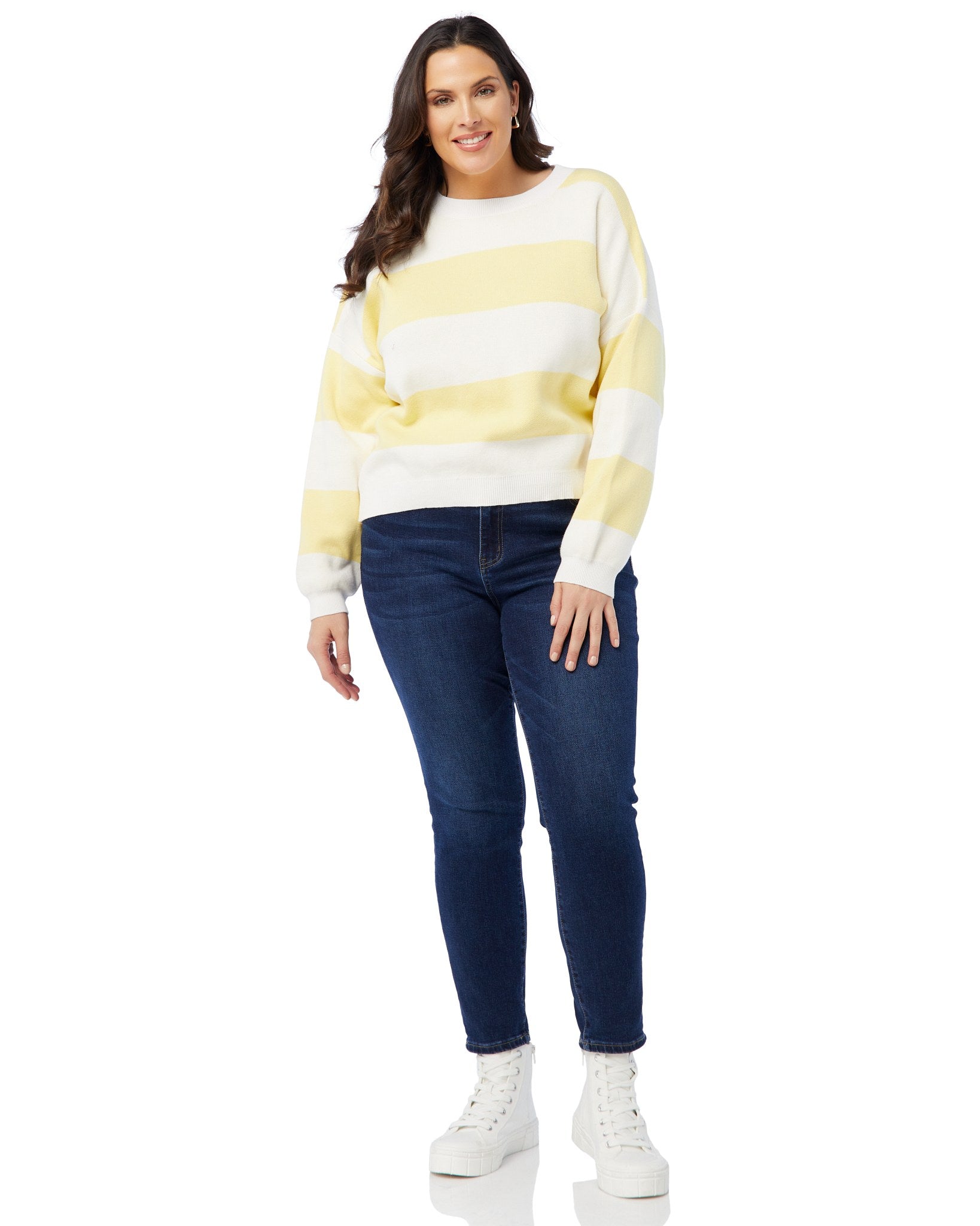White/Lemonade $|& Vigoss Stripe Crewneck Sweater - SOF Full Front