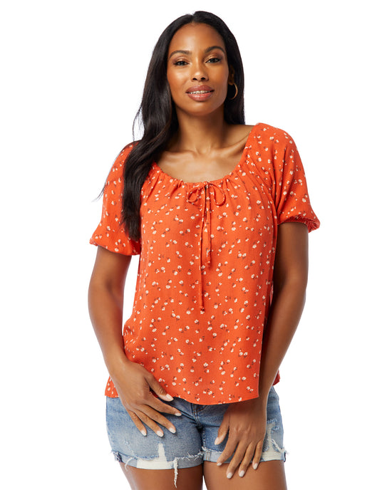 Rust $|& Supply + Demand Short Sleeve Tie Front Floral Peasant Top - SOF Front
