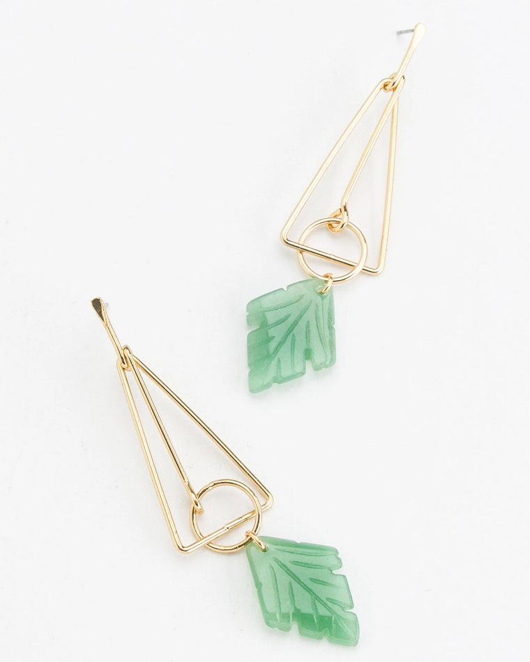 Gold $|& Nakamol Green Agate Leaf Metal Drop Earrings - VOF Front