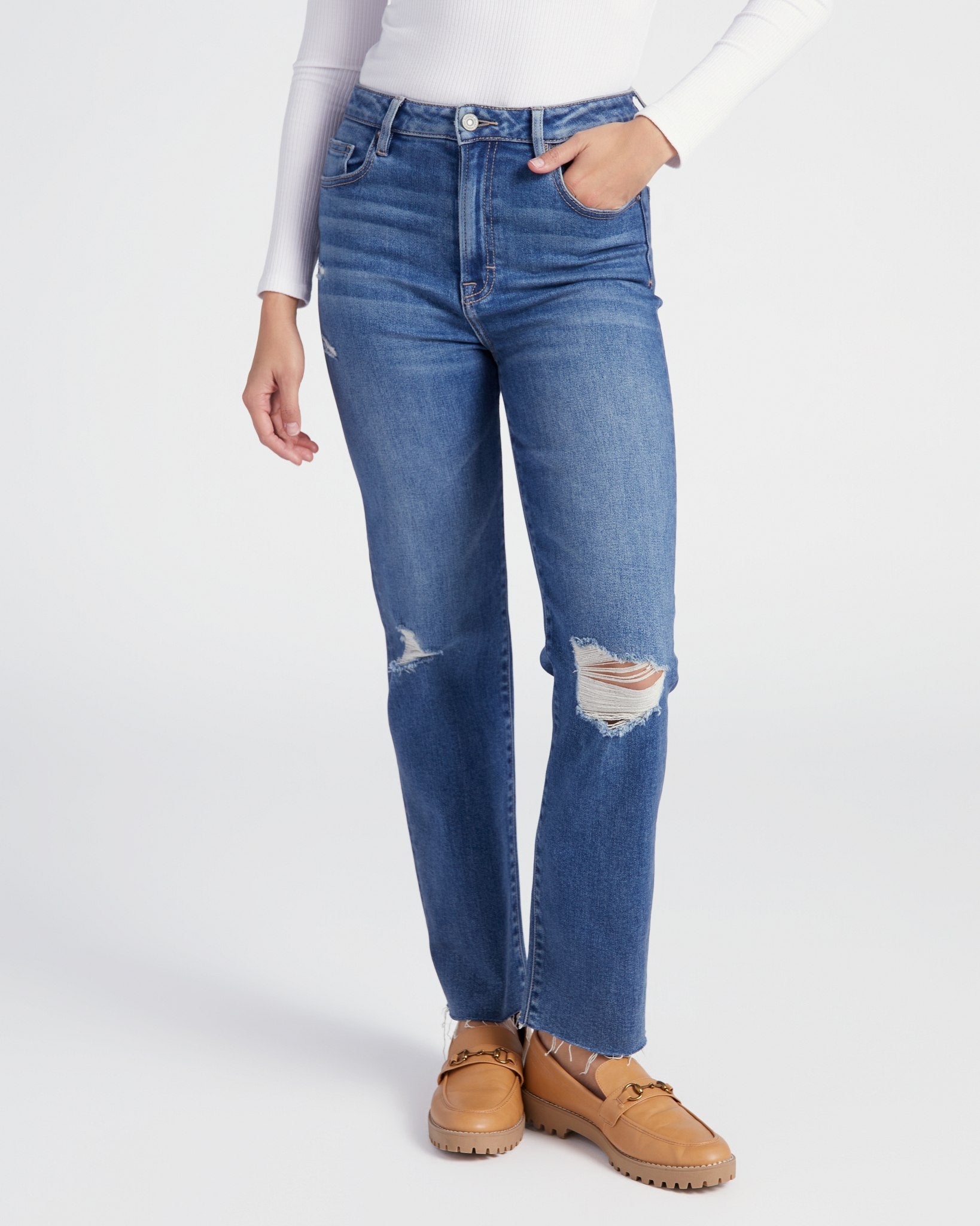 Dark Wash $|& Hidden The Tracey Straight Leg Jeans with Raw Hem - SOF Front
