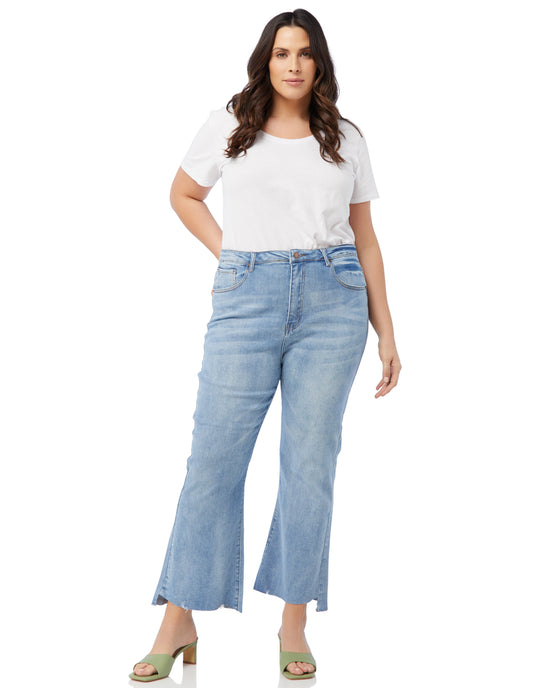 Light Wash $|& Risen Jeans High Rise Raw Cut Ankle Flare - SOF Full Front