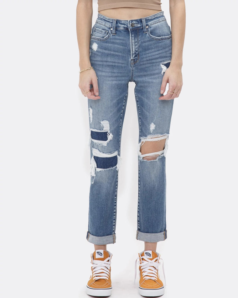 Garzon Blue $|& Mica Denim Mid Rise Cuffed Boyfriend Jeans - VOF Front