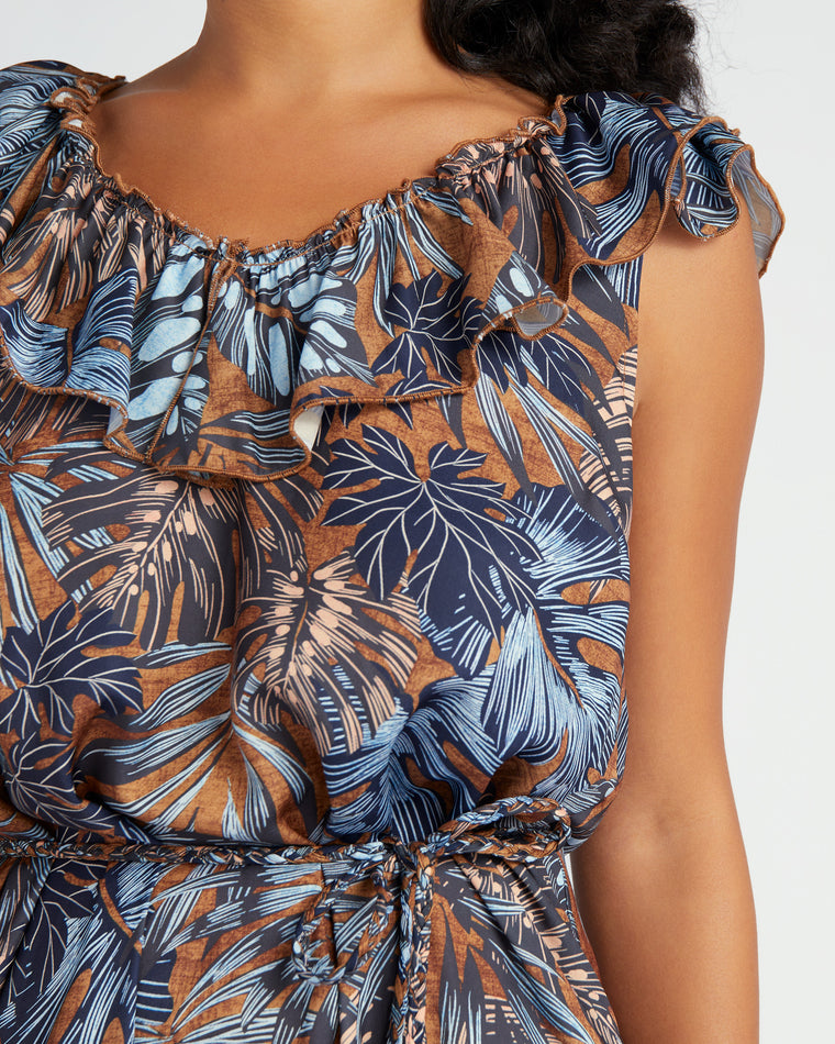 Light Pecan Sapphire Multi $|& Democracy Double Ruffle V-Neck Print Dress - SOF Detail
