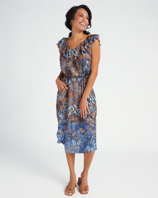 Light Pecan Sapphire Multi $|& Democracy Double Ruffle V-Neck Print Dress - SOF Front