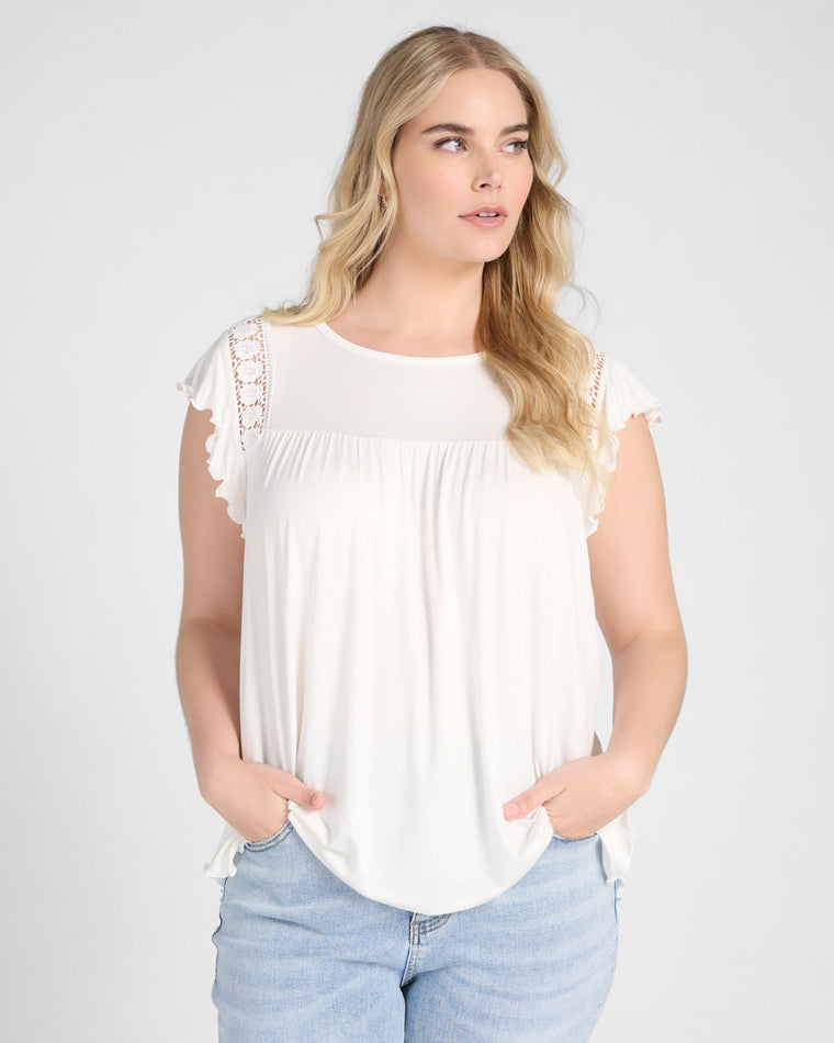 Ivory $|& Loveappella Flutter Top Crochet Inset - SOF Front