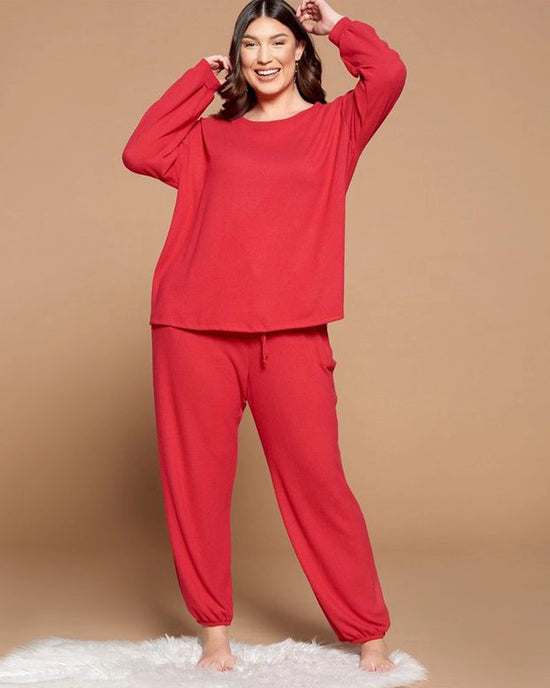 Red $|& Emerald Fashion Solid Soft and Fuzzy Hacci Brush Cozy Loungewear Set - VOF Front