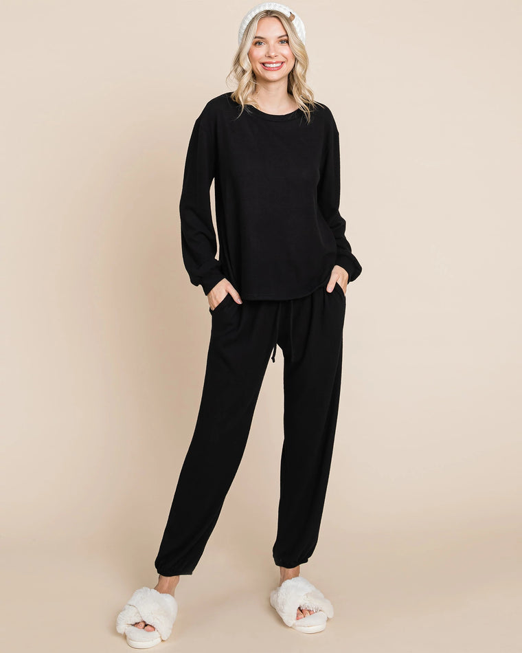 Black $|& Emerald Fashion Solid Soft and Fuzzy Hacci Brush Cozy Loungewear Set - VOF Front