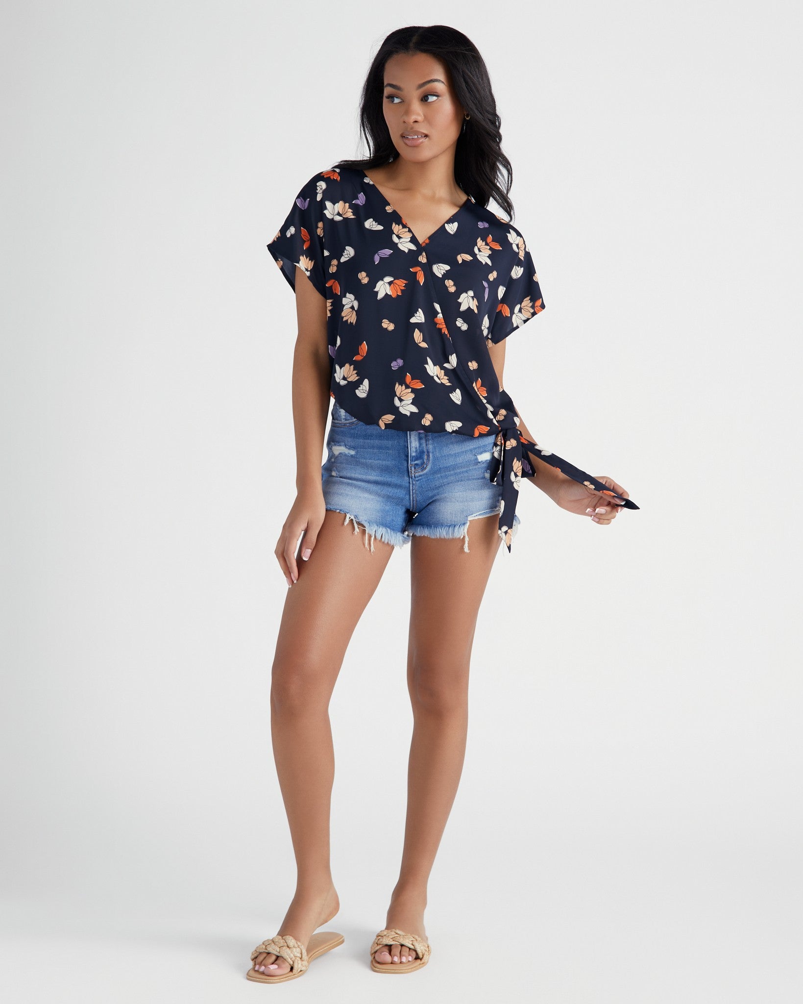 Dark Navy Floral $|& West Kei Floral Woven Short Sleeve Surplice Top - SOF Full Front