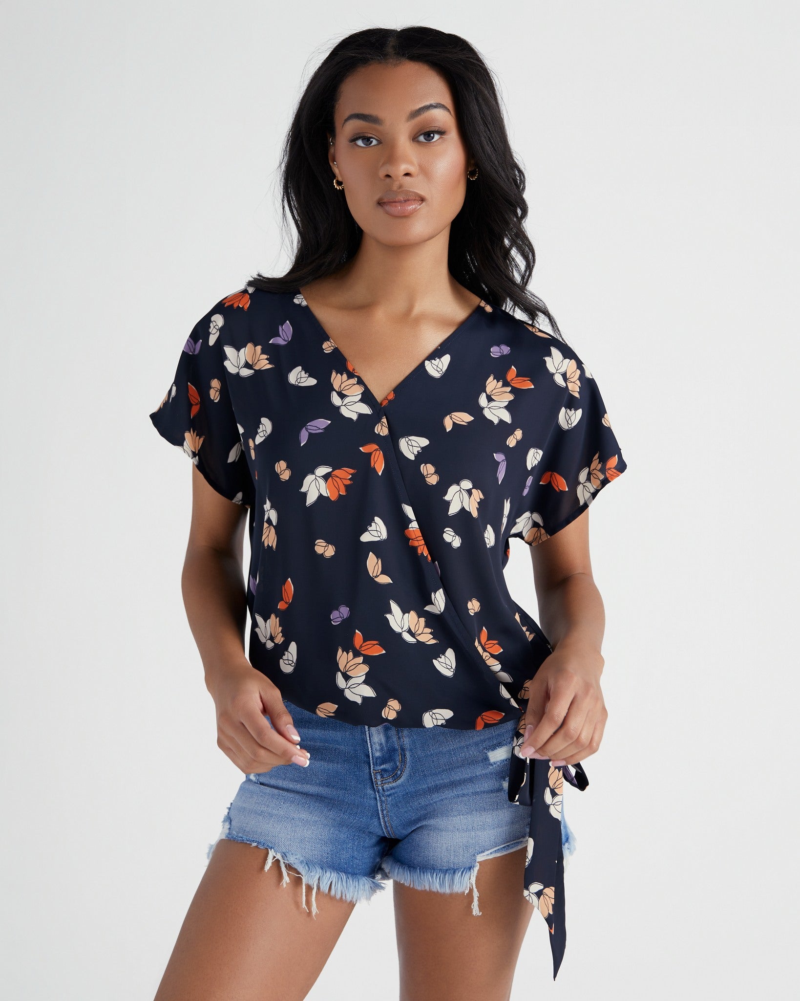 Dark Navy Floral $|& West Kei Floral Woven Short Sleeve Surplice Top - SOF Front