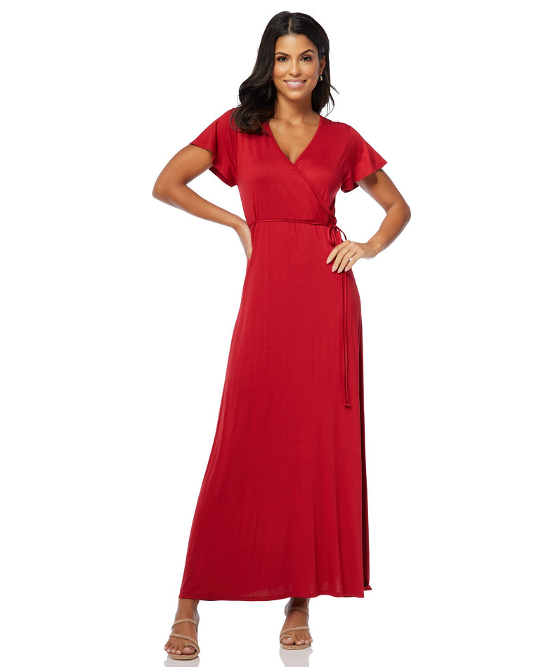 Tango Red $|& Chris & Carol Solid Short Sleeve Maxi Dress - SOF Front