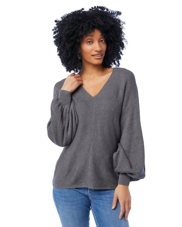 Medium Heather Grey $|& 1. State Ribbed Knit Bubble Sleeve Sweater - SOF Front