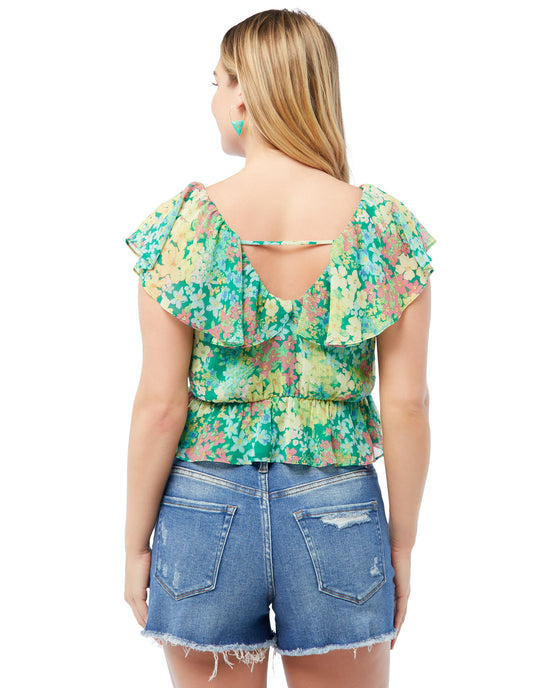 Green Multi Floral $|& Lush Tie Front Ruffle Top - SOF Back