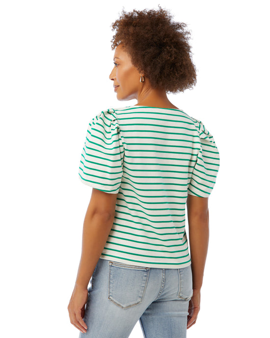 Jade Green $|& Skies Are Blue Short Sleeve Striped V-Neck Puff Sleeve Top - SOF Back