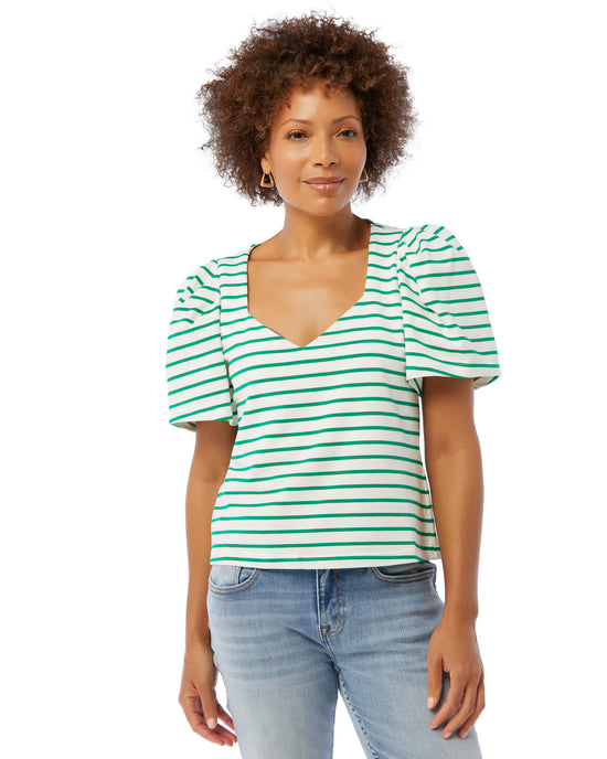 Jade Green $|& Skies Are Blue Short Sleeve Striped V-Neck Puff Sleeve Top - SOF Front
