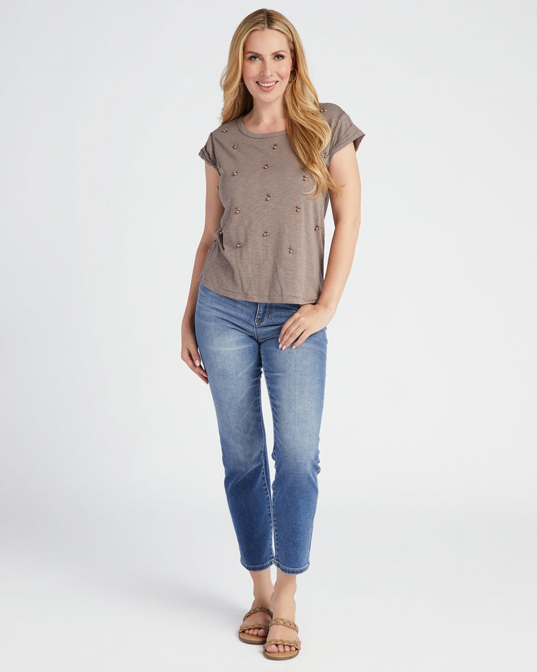 Heather Brown $|& Democracy Roll Cup Cap Sleeve Scoop Neck Embellished Knit Top - SOF Full Front