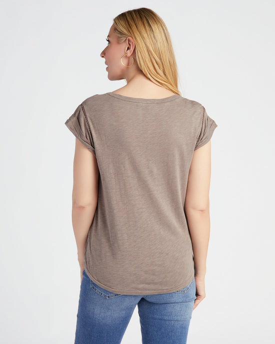 Heather Brown $|& Democracy Roll Cup Cap Sleeve Scoop Neck Embellished Knit Top - SOF Back