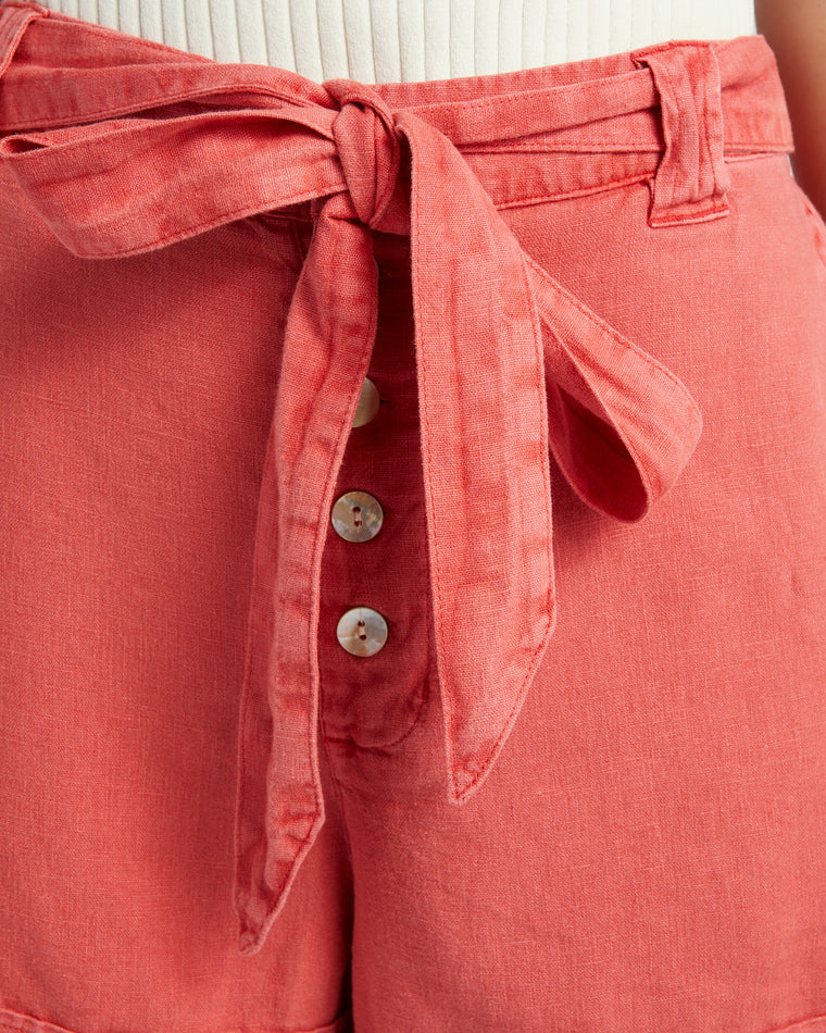 Lollipop Red $|& Dear John Lital Linen Blend Short with Self Belt - SOF Detail