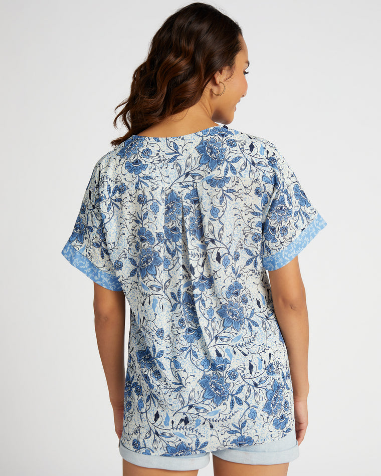 Blue/White $|& Mila Mae Woven Short Sleeve Multi Printed Floral Top - SOF Back