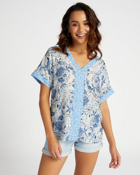 Woven Short Sleeve Multi Printed Floral Top