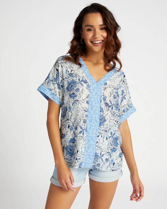 Blue/White $|& Mila Mae Woven Short Sleeve Multi Printed Floral Top - SOF Front