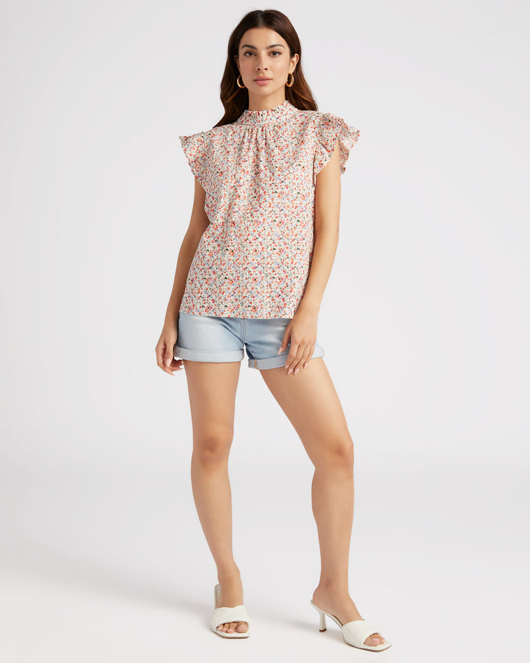 Multi $|& VOY Los Angeles Ruffle Sleeve Back Neck Tie Floral Top - SOF Full Front