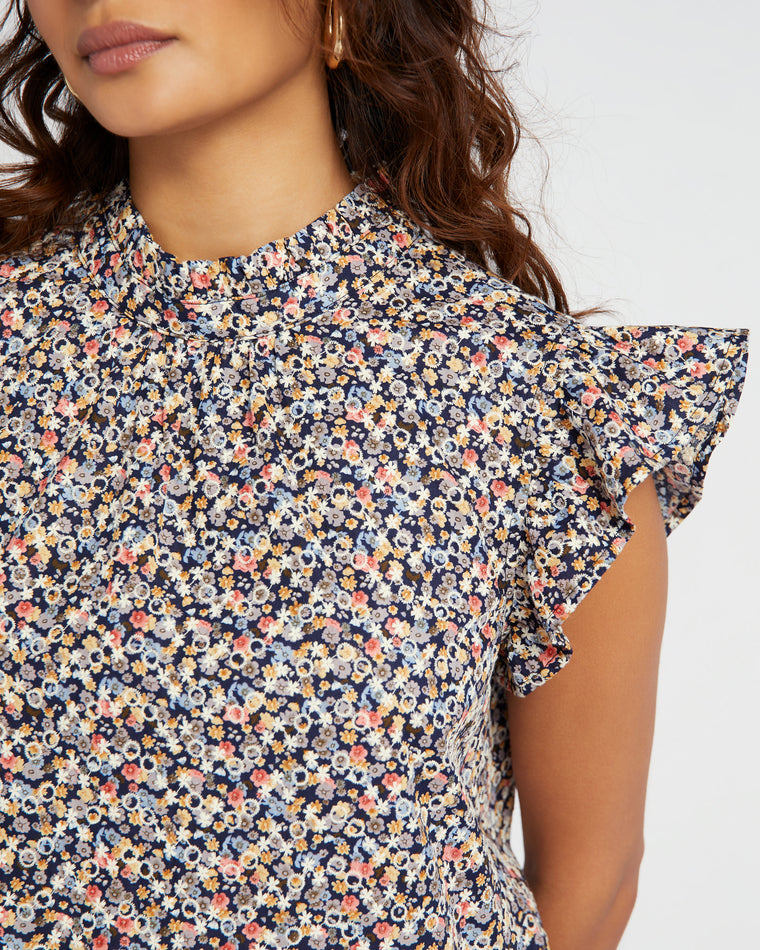 Navy $|& VOY Los Angeles Ruffle Sleeve Back Neck Tie Floral Top - SOF Detail