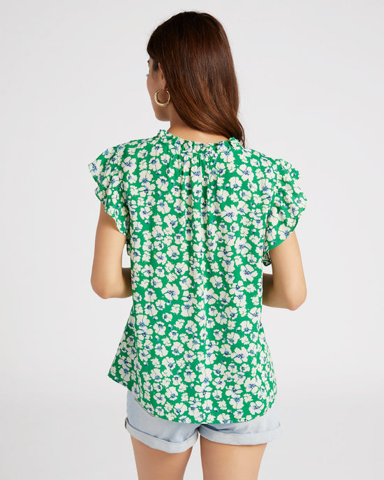 Green $|& VOY Los Angeles Ruffle Sleeve V-Neck Front Seam Detail Floral Top - SOF Back