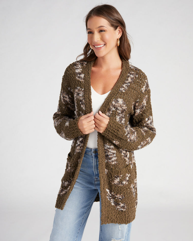 Olive Leopard $|& B Collection by Bobeau Animal Popcorn Cardigan - SOF Front