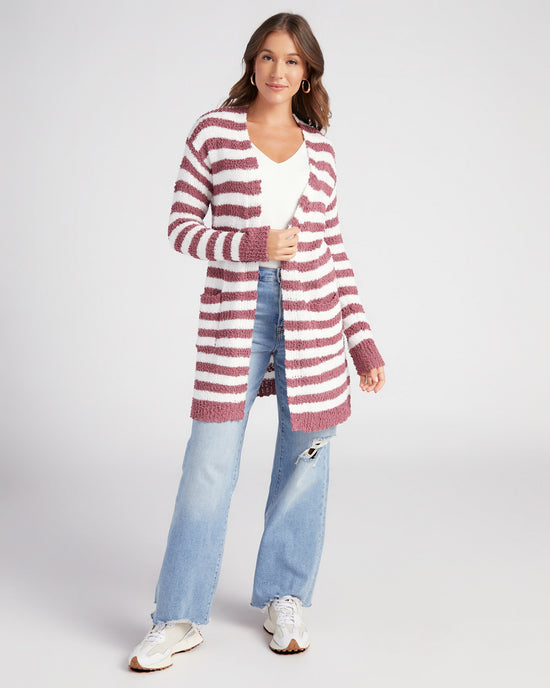 Ivory/Mauve $|& B Collection by Bobeau Striped Popcorn Cardigan - SOF Full Front
