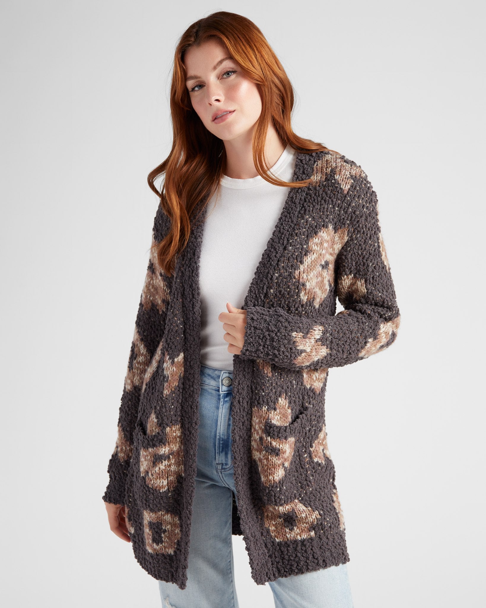 Charcoal Floral $|& Bobeau Floral Popcorn Cardigan - SOF Front