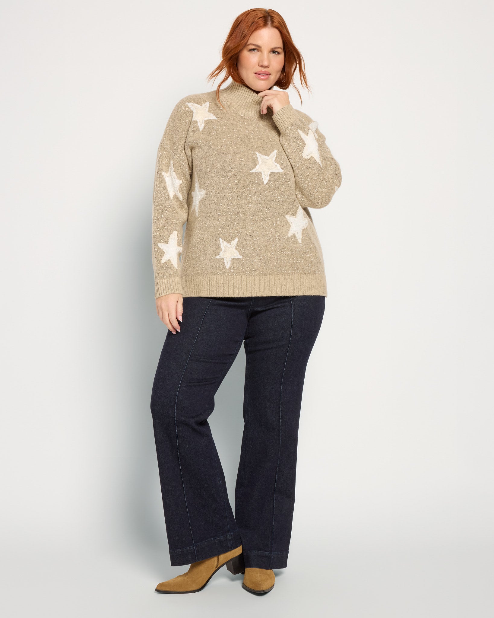 Taupe Star $|& Bobeau Printed Turtleneck Sweater - UGC On Fig