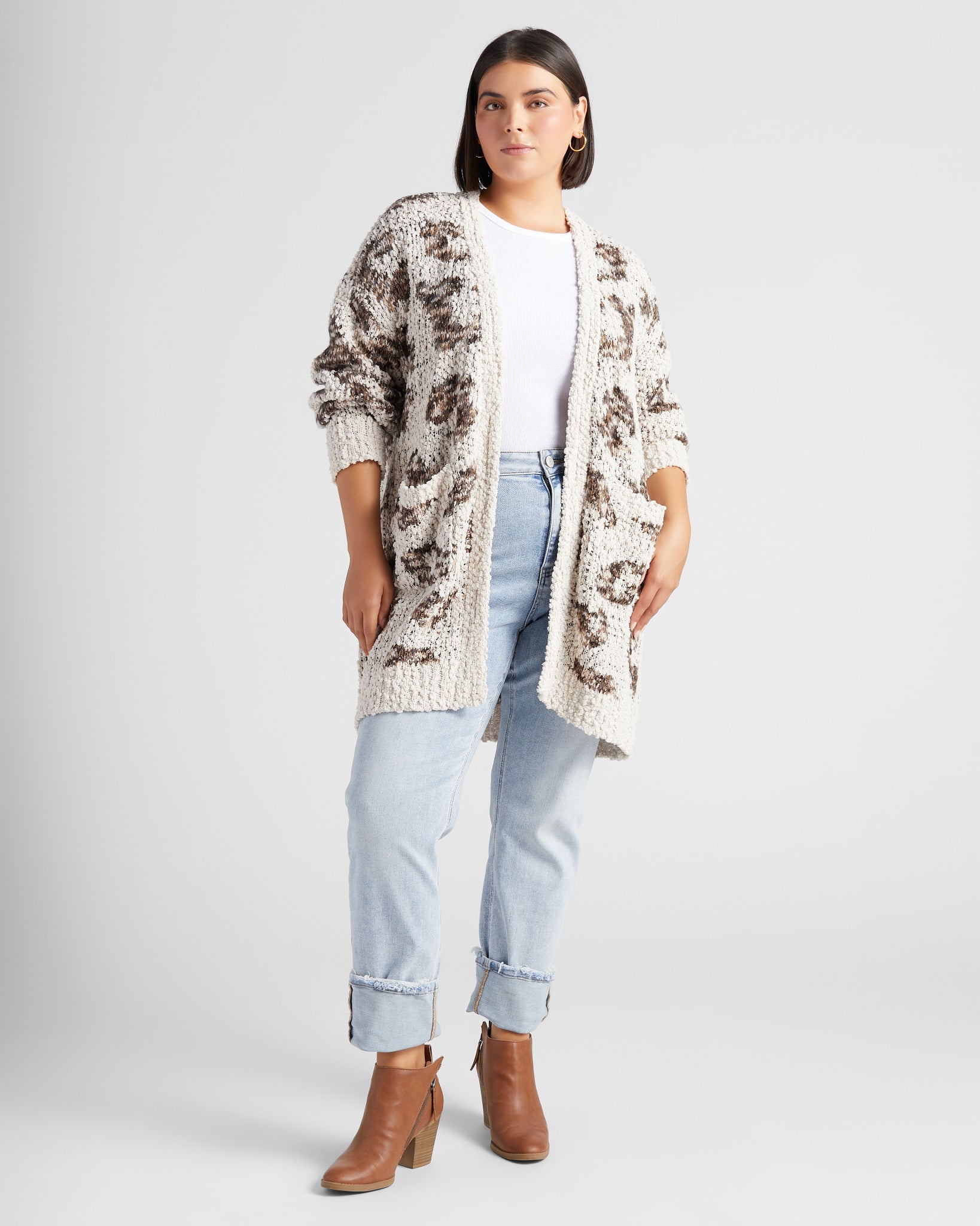 Oatmeal Leopard $|& Bobeau Animal Popcorn Cardigan - SOF Full Front