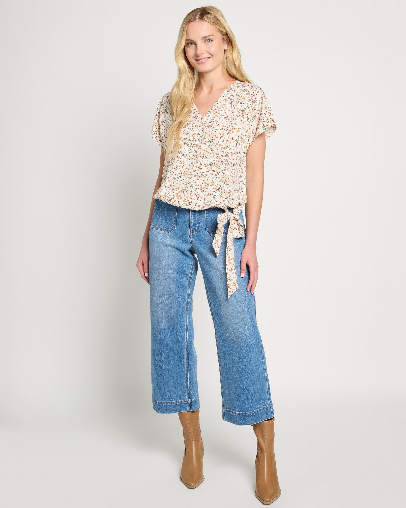 Ecru Ditsy Floral $|& West Kei Floral Woven Short Sleeve Surplice Top - UGC On Fig