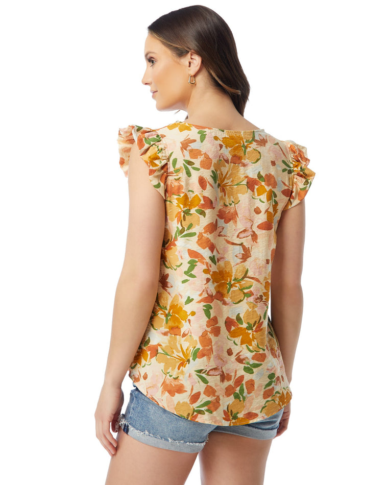 Natural Ivory $|& Les Amis Floral Short Ruffle Sleeve Woven Top - SOF Back