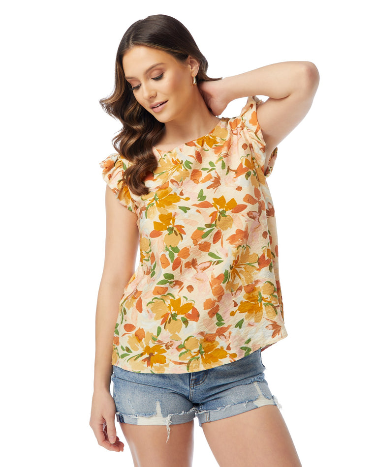 Natural Ivory $|& Les Amis Floral Short Ruffle Sleeve Woven Top - SOF Front
