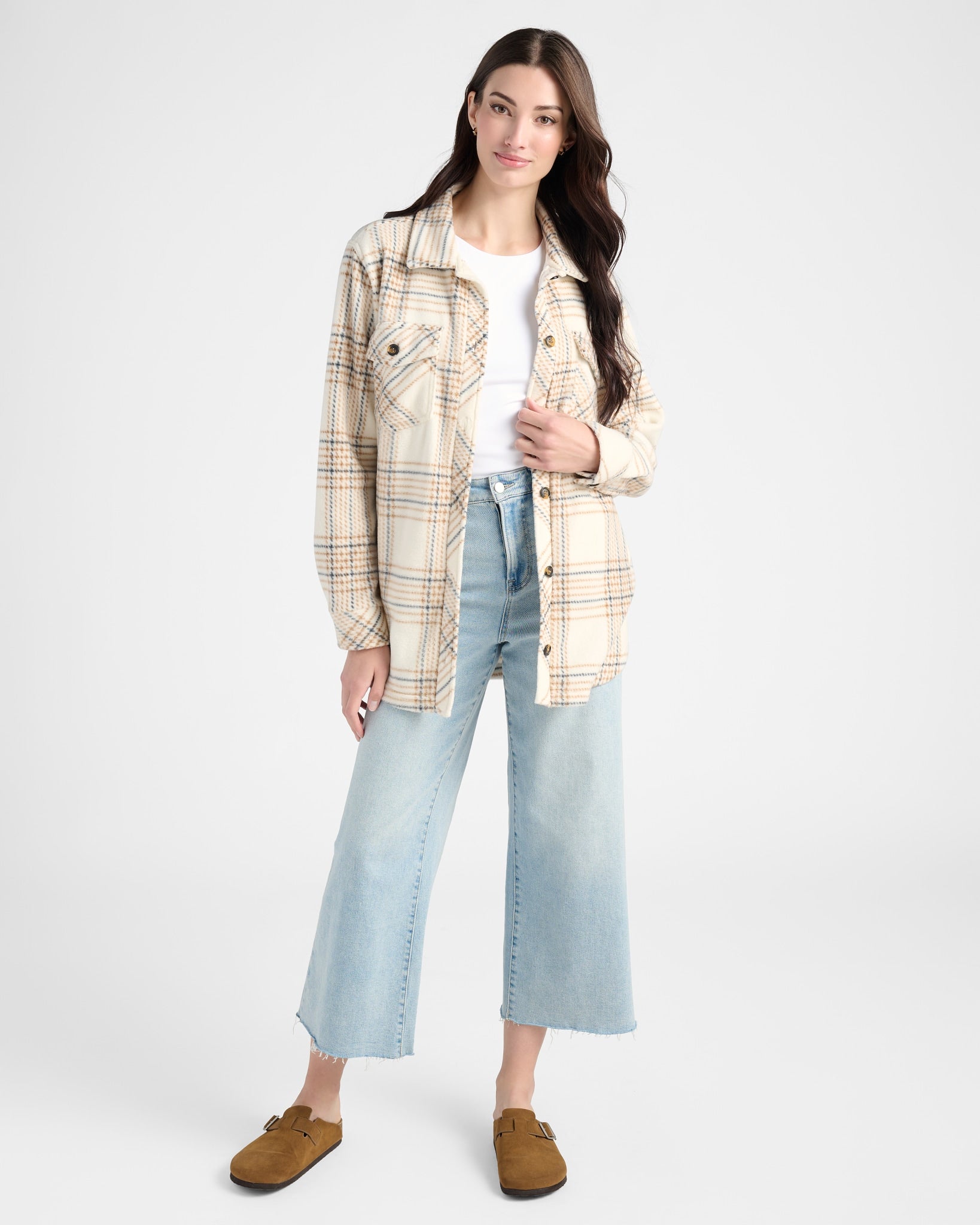 Cream Taupe Plaid $|& Thread & Supply Tullis Polar Fleece Shacket - UGC On Fig
