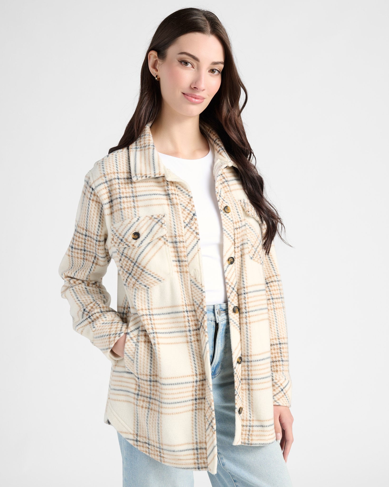 Cream Taupe Plaid $|& Thread & Supply Tullis Polar Fleece Shacket - SOF Front