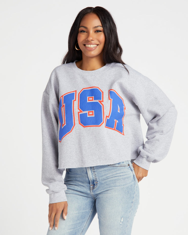 Heather Grey $|& Project Social T Cropped USA Sweatshirt - SOF Front