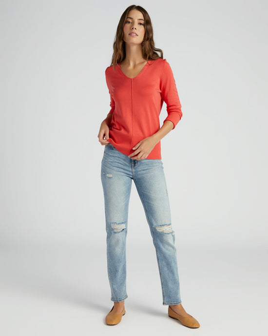 Deep Coral $|& Metric V-Neck Pullover with Seam Detail - SOF Full Front