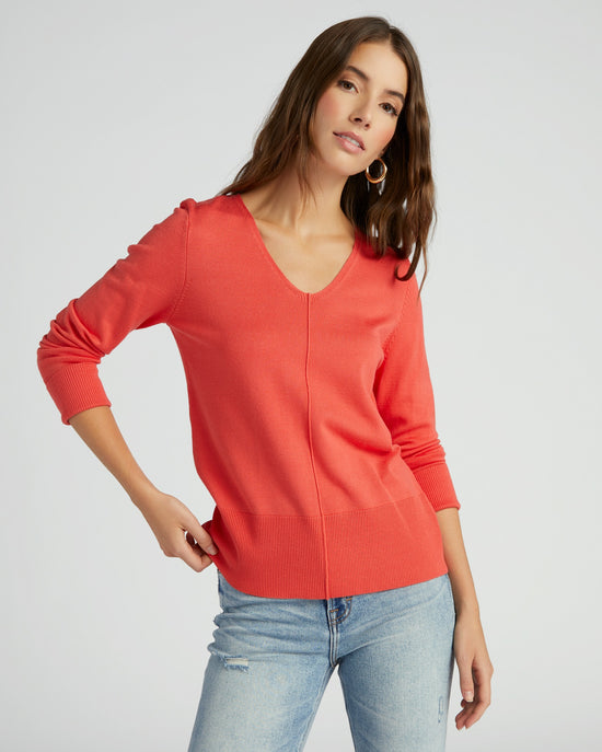 Deep Coral $|& Metric V-Neck Pullover with Seam Detail - SOF Front
