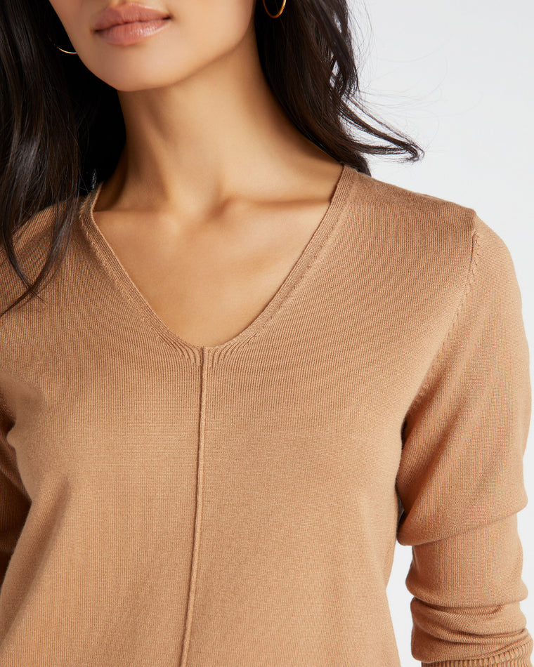 Camel $|& Metric V-Neck Pullover with Seam Detail - SOF Detail
