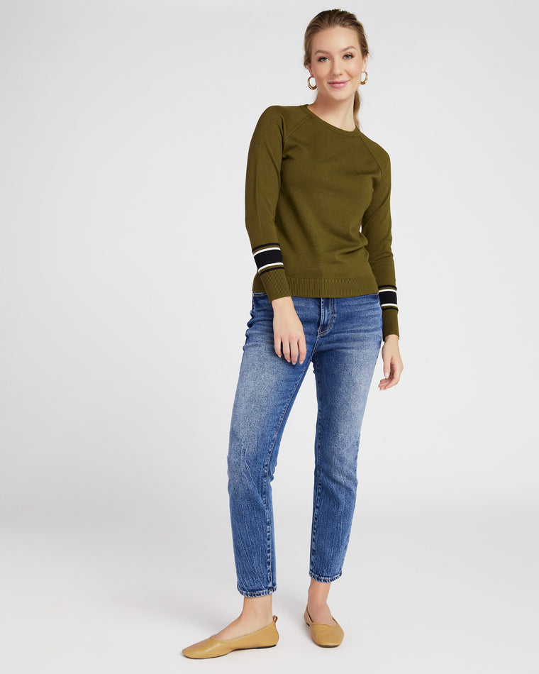 Dark Olive Combo $|& Metric Crew Neck Pullover with Stripe Sleeve - SOF Full Front