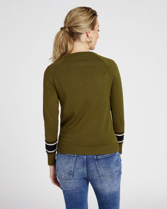 Dark Olive Combo $|& Metric Crew Neck Pullover with Stripe Sleeve - SOF Back