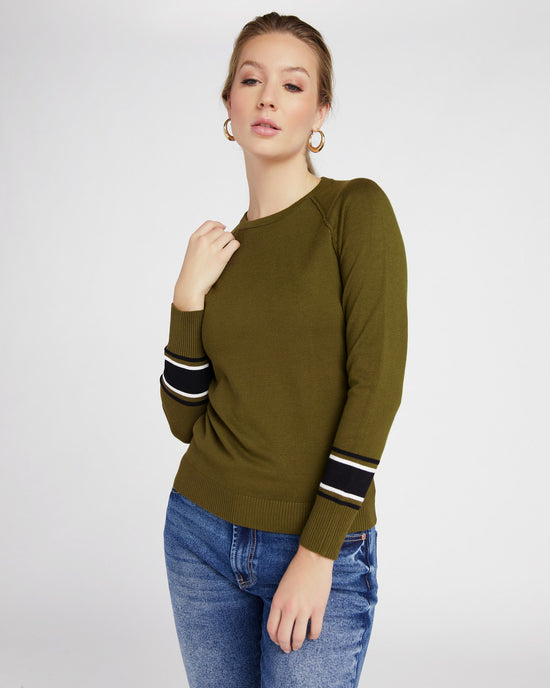 Dark Olive Combo $|& Metric Crew Neck Pullover with Stripe Sleeve - SOF Front