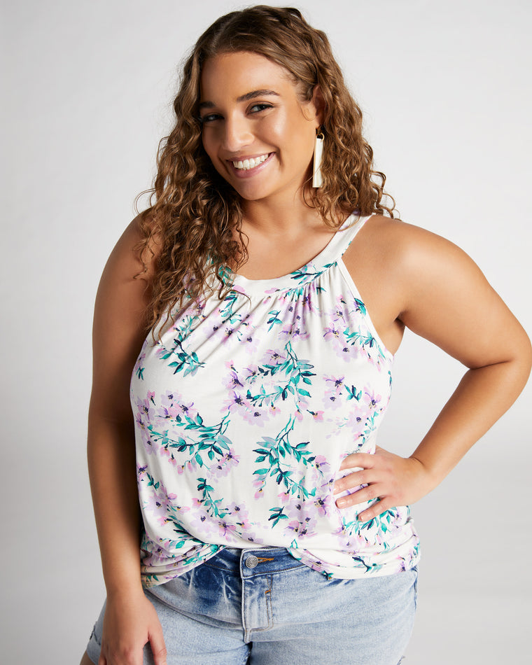 Ivory/Lilac $|& Loveappella Floral Halter Tank - SOF Front