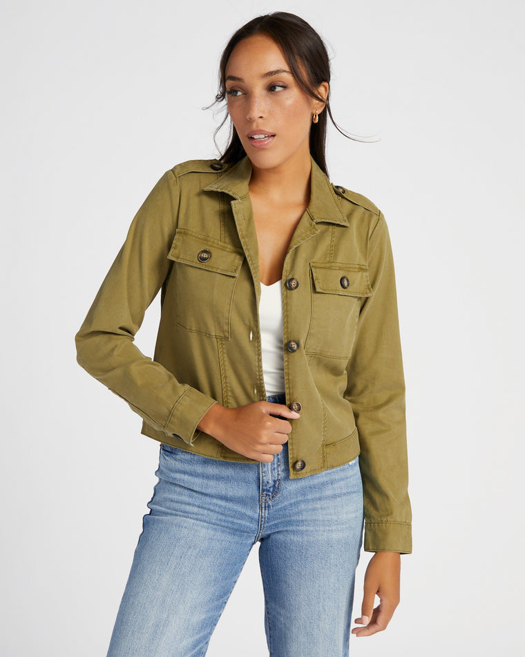 Olive $|& Kut From The Kloth Rosalyn Trucker Jacket with Flap Pockets - SOF Front