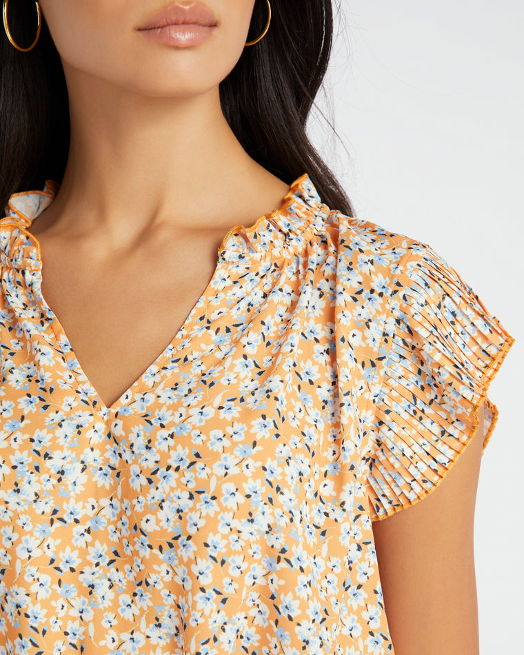 Orange $|& VOY Los Angeles Pleated Sleeve Elastic Waist Floral Top - SOF Detail