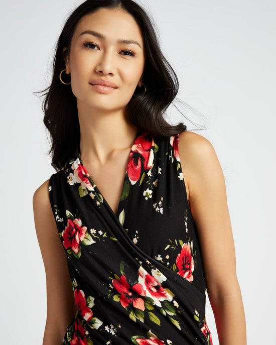 Black/Red Floral $|& Loveappella Floral Wrap Front Sleeveless Top - SOF Detail