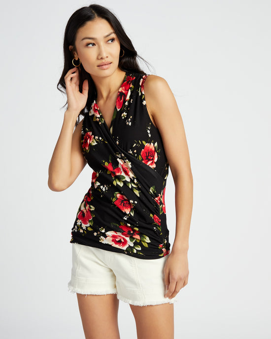 Black/Red Floral $|& Loveappella Floral Wrap Front Sleeveless Top - SOF Front