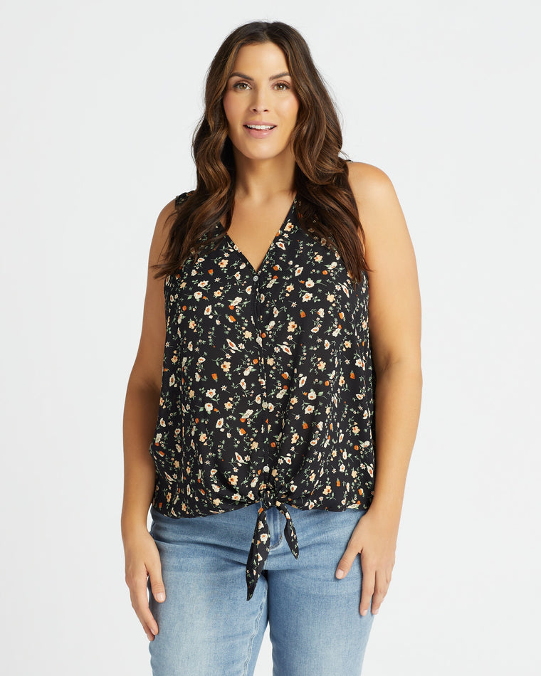 Black Floral $|& ACOA Sleeveless Button Front Top - SOF Front